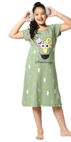 ZEYO Girls Cotton Printed Green Stylish Night Dress Set