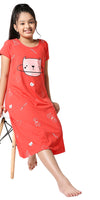 ZEYO Girls Cotton Printed Red Stylish Night Dress Set 5523