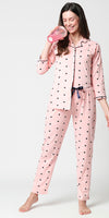 Zeyo Women Peach Cotton Heart print Stylish Night suit set
