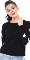 Zeyo Women Cotton Black Star Printed Full Sleeve Crop Top