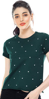 Zeyo Women Cotton Bottle Green Heart Printed Short Sleeve Crop Top