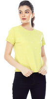 Zeyo Women Cotton Lemon Yellow Heart Printed Short Sleeve Crop Top