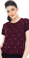 Zeyo Women Cotton Maroon Heart Printed Short Sleeve Crop Top
