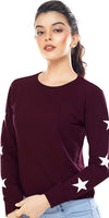 Zeyo Women Cotton Maroon Star Printed Full Sleeve Crop Top