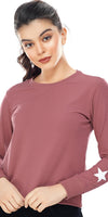 Zeyo Women Cotton Mauve Star Printed Full Sleeve Crop Top