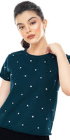 Zeyo Women Cotton Ocean Blue Heart Printed Short Sleeve Crop Top