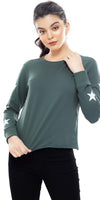 Zeyo Women Cotton Olive Green Star Printed Full Sleeve Crop Top