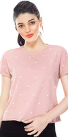 Zeyo Women Cotton Peach Heart Printed Short Sleeve Crop Top