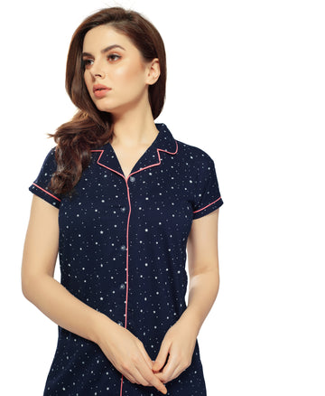 ZEYO Women Cotton Night Dress Navy Blue Star Print Short Nighty