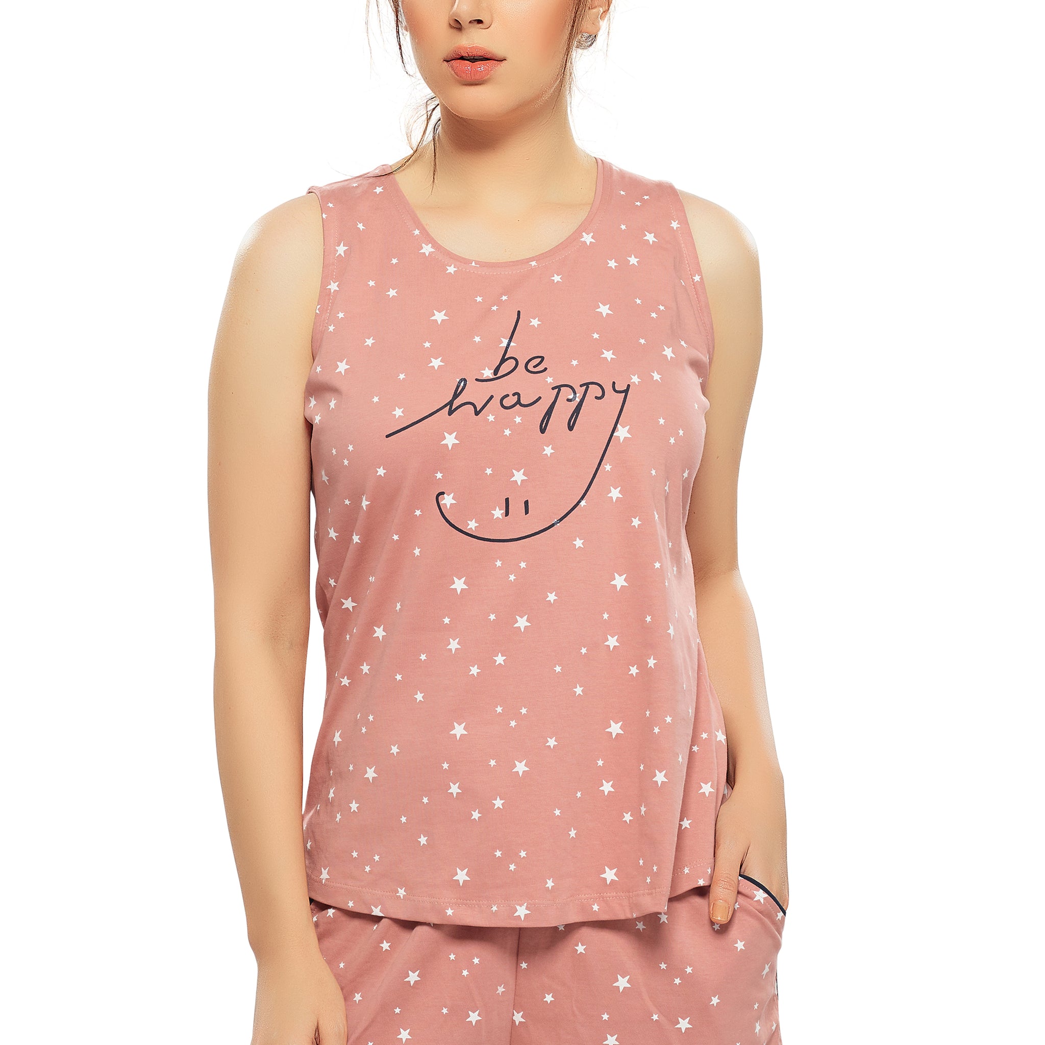 Pink Cotton Star Printed Sleeveless Crop Tops For Women
