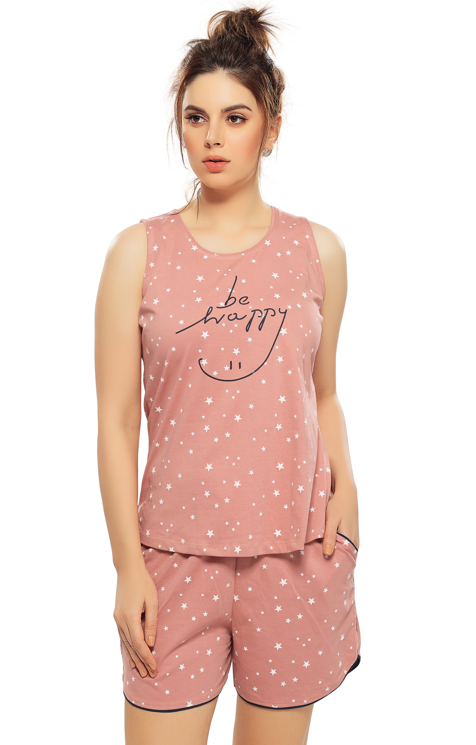 night dress for women shorts and shirt Star & Moon Print Casual Short Sleeve Shorts Pajama Set For Women,Pink And White,Summer,Cute Modest,Home Wear Nightwear Set Sleepwear Night Dress