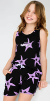 ZEYO Night Suit for Girl's Black Stars Printed Cotton Night Dress of Top and Short's set