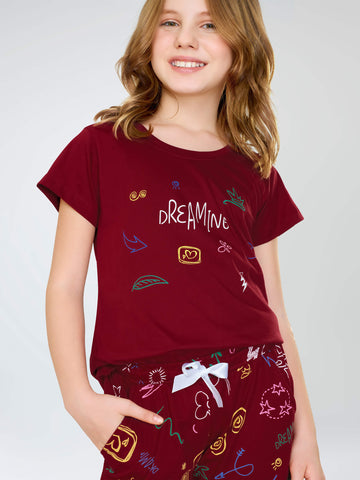 ZEYO Night Suit for Girl's Maroon Printed Cotton Night Dress of Top and Short's set