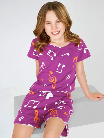 ZEYO Night Suit for Girl's Purple Musical MELODY Printed Cotton Night Dress of Top and Short's set