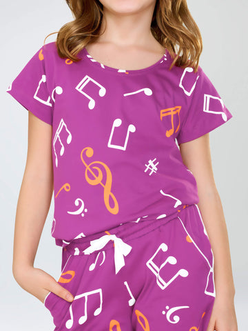 ZEYO Night Suit for Girl's Purple Musical MELODY Printed Cotton Night Dress of Top and Short's set