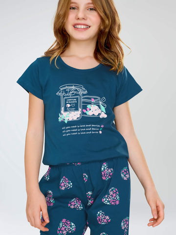 ZEYO Night Suit for Girl's Teal Blue Floral Heart Printed Cotton Night Dress of Top and Capri set