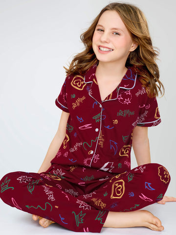 ZEYO Night Suit for Girl's Maroon Printed Cotton Night Dress of Shirt and Pajama set