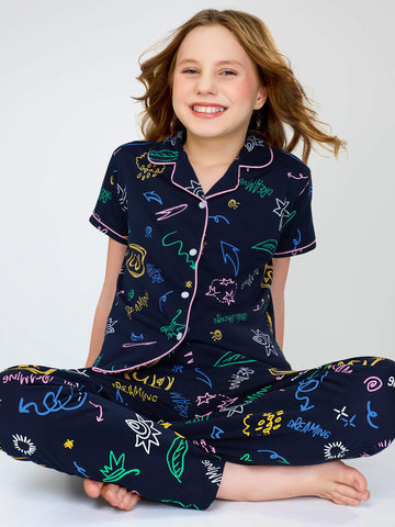 ZEYO Night Suit for Girl's Navy Blue Printed Cotton Night Dress of Shirt and Pajama set