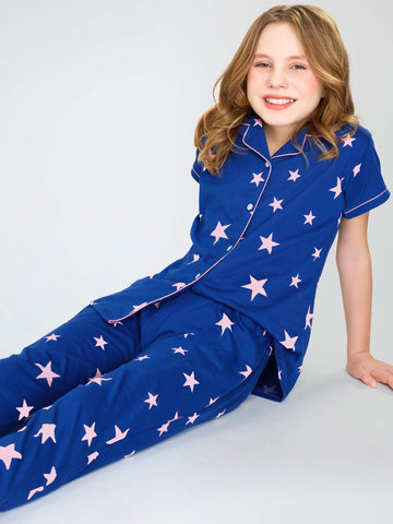 ZEYO Night Suit for Girl's Blue Star Printed Cotton Night Dress of Shirt and Pajama set