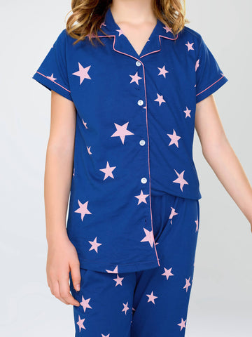 ZEYO Night Suit for Girl's Blue Star Printed Cotton Night Dress of Shirt and Pajama set