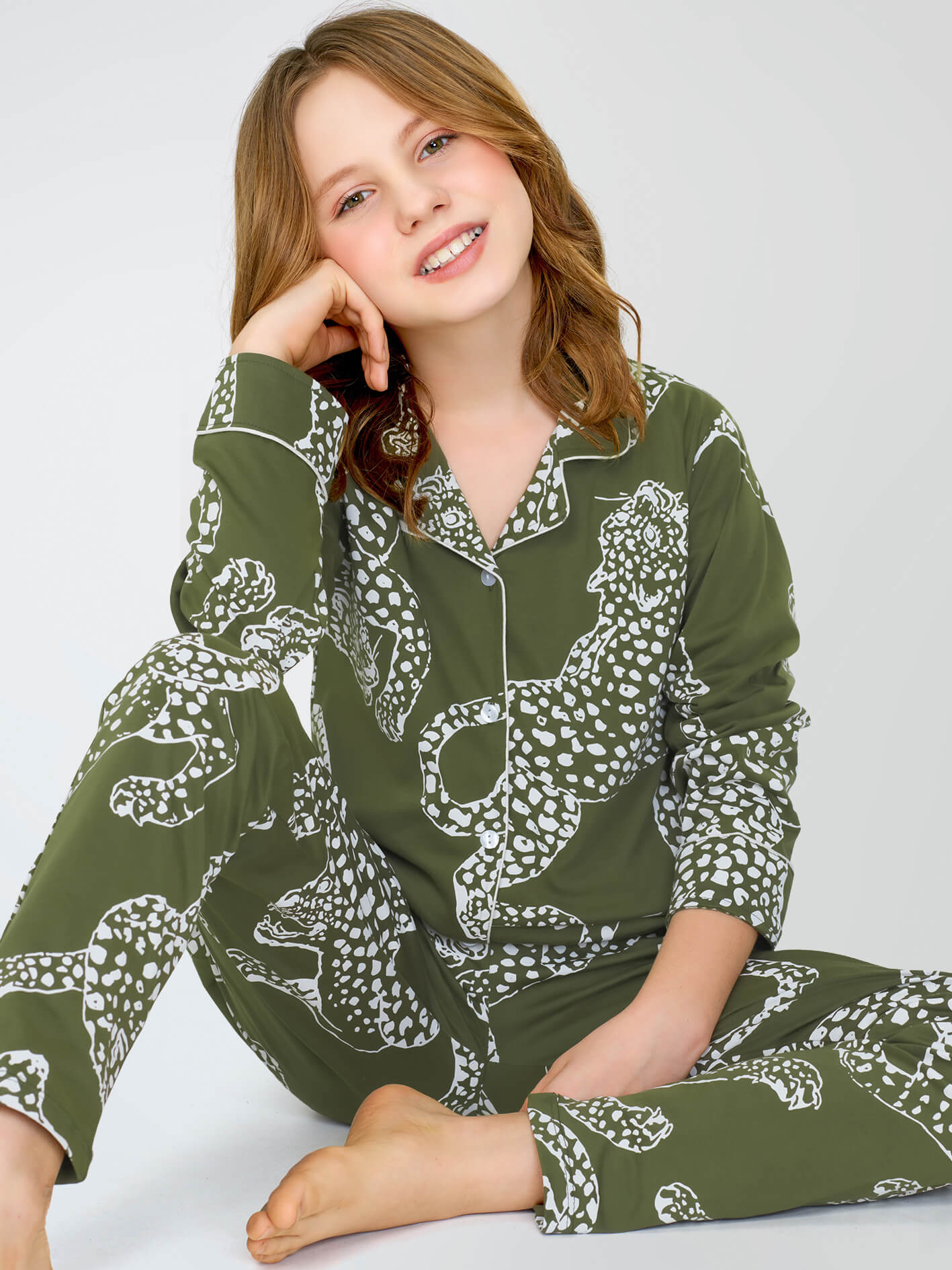 ZEYO Night Suit for Girl's Olive Green Leopard Printed Cotton Night Dress of Shirt and Pajama set