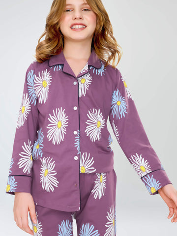 ZEYO Night Suit for Girl's Mauve Floral Printed Cotton Night Dress of Shirt and Pajama set