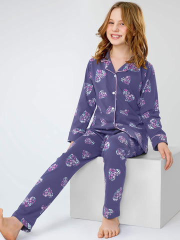 ZEYO Night Suit for Girl's Blue Floral Heart Printed Cotton Night Dress of Shirt and Pajama set