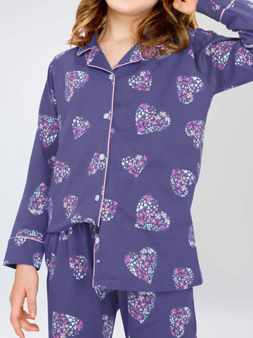 ZEYO Night Suit for Girl's Blue Floral Heart Printed Cotton Night Dress of Shirt and Pajama set