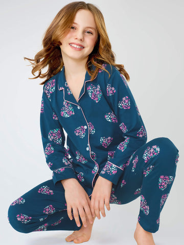 ZEYO Night Suit for Girl's Teal Blue Floral Heart Printed Cotton Night Dress of Shirt and Pajama set