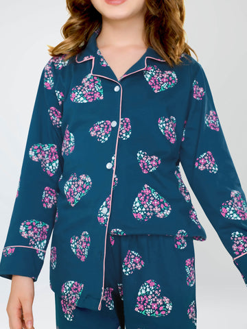 ZEYO Night Suit for Girl's Teal Blue Floral Heart Printed Cotton Night Dress of Shirt and Pajama set