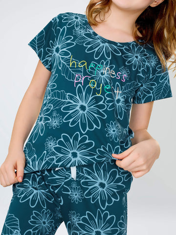ZEYO Night Suit for Girl's Teal Blue Floral Printed Cotton Night Dress of Top and Pajama set