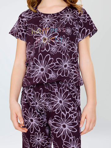 ZEYO Night Suit for Girl's Wine Berry Floral Printed Cotton Night Dress of Top and Pajama set