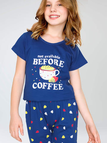 ZEYO Night Suit for Girl's Blue Heart Printed Cotton Night Dress of Top and Pajama set