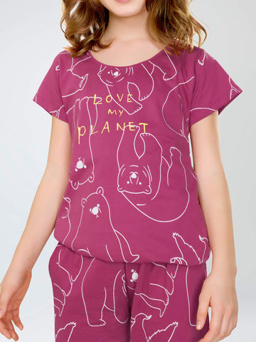 ZEYO Night Suit for Girl's Pink Polar Bear Printed Cotton Night Dress of Top and Pajama set