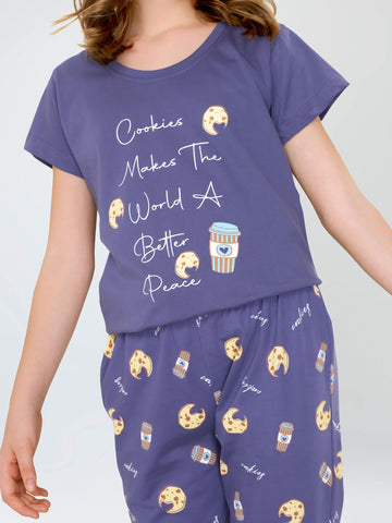 ZEYO Night Suit for Girl's Blue Cookies & Cup Printed Cotton Night Dress of Top and Pajama set