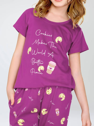 ZEYO Night Suit for Girl's Purple Cookies & Cup Printed Cotton Night Dress of Top and Pajama set