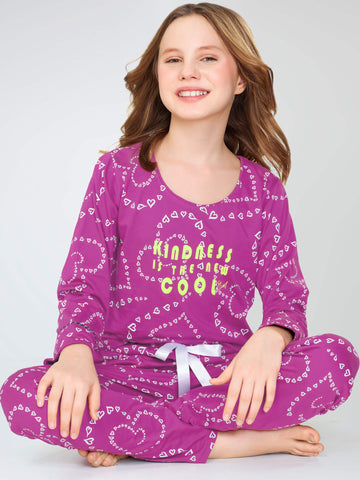 ZEYO Night Suit for Girl's Purple Heart Printed Cotton Night Dress of Top and Pajama set