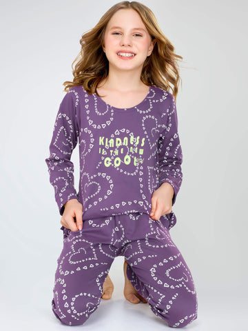 ZEYO Night Suit for Girl's Violet Heart Printed Cotton Night Dress of Top and Pajama set