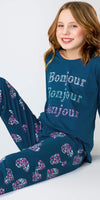 ZEYO Night Suit for Girl's Teal Blue Floral Heart Printed Cotton Night Dress of Top and Pajama set