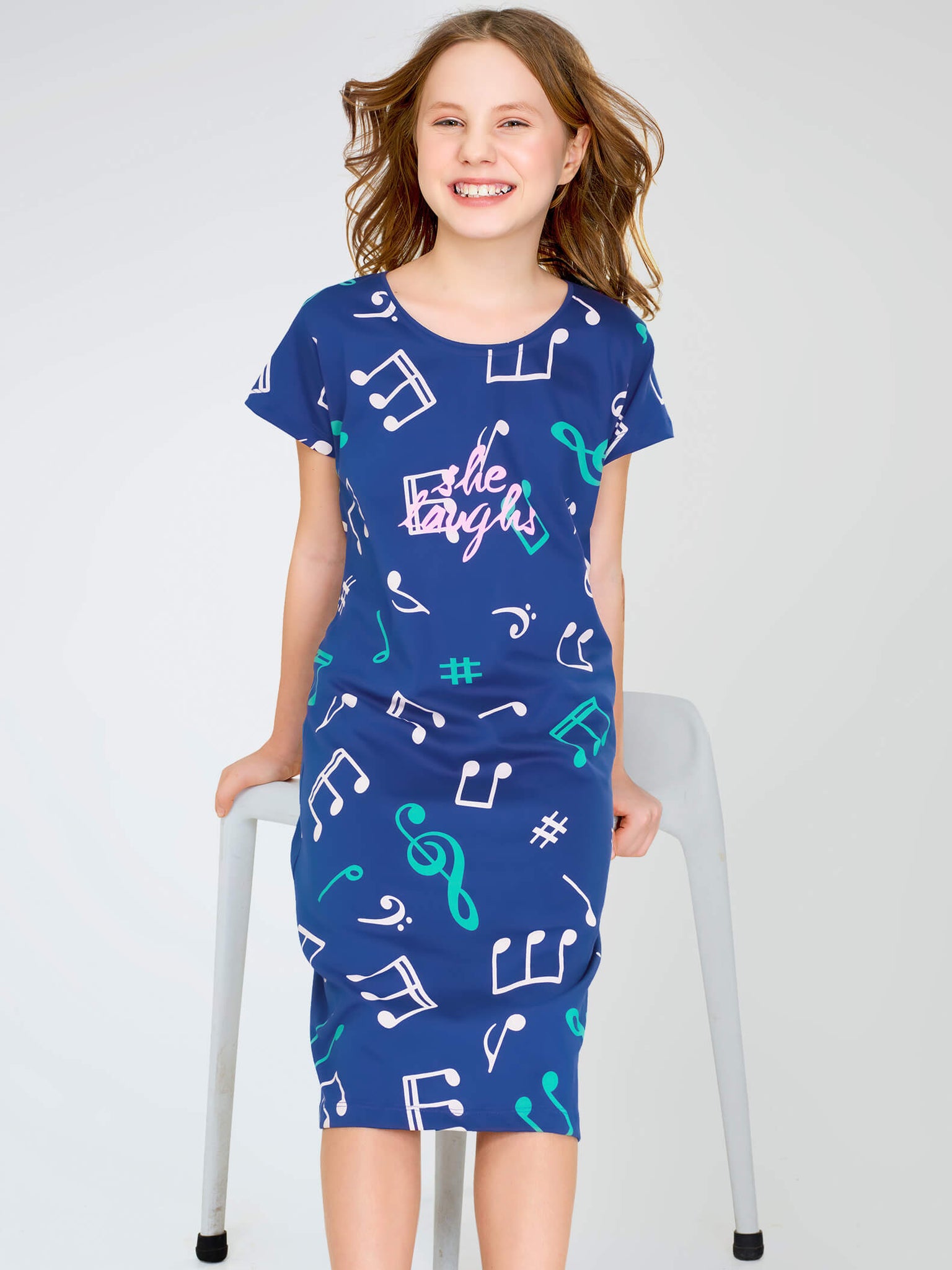 ZEYO Girl's Cotton Blue Night Dress Musical MELODY Printed Knee Length Night Gown