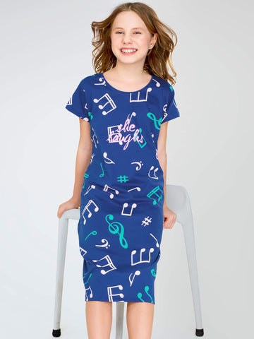 ZEYO Girl's Cotton Blue Night Dress Musical MELODY Printed Knee Length Night Gown