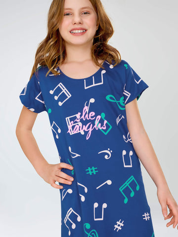 ZEYO Girl's Cotton Blue Night Dress Musical MELODY Printed Knee Length Night Gown