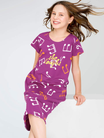 ZEYO Girl's Cotton Purple Night Dress Musical MELODY Printed Knee Length Night Gown