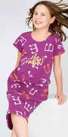 ZEYO Girl's Cotton Purple Night Dress Musical MELODY Printed Knee Length Night Gown