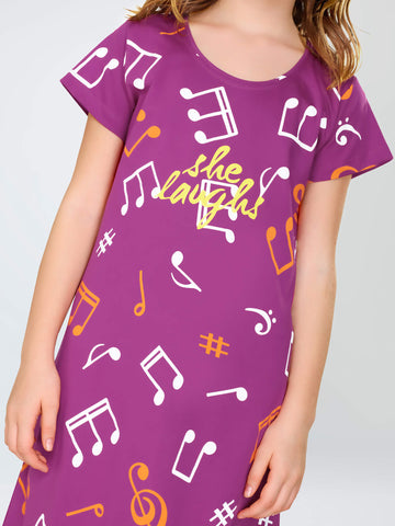 ZEYO Girl's Cotton Purple Night Dress Musical MELODY Printed Knee Length Night Gown