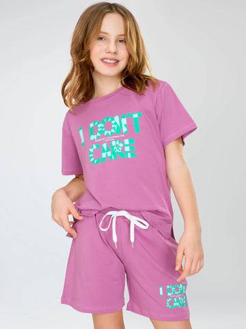 ZEYO Night Suit for Girl's Pink Mauve Typography Printed Cotton Night Dress of Top and Short's set