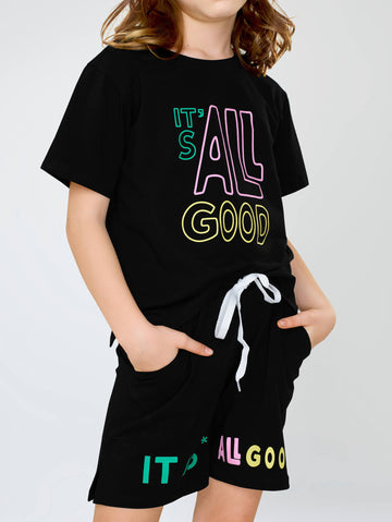 ZEYO Night Suit for Girl's Black Typography Printed Cotton Night Dress of Top and Short's set