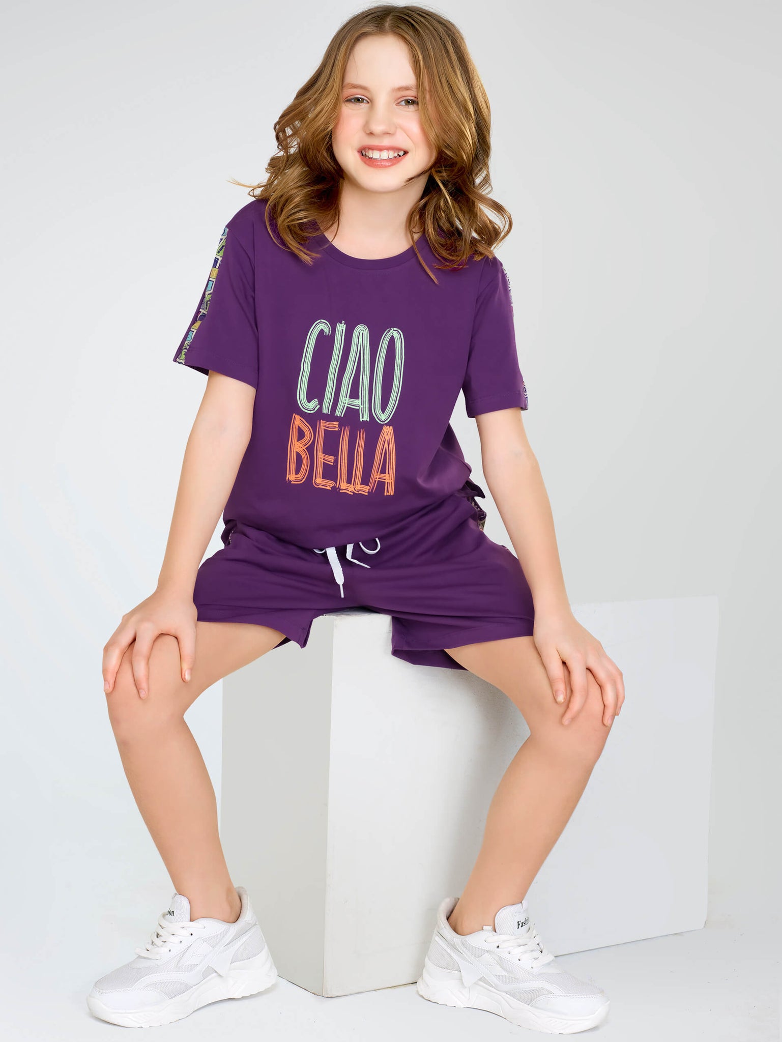 ZEYO Night Suit for Girl's Purple Typography Printed Cotton Night Dress of Top and Short's set