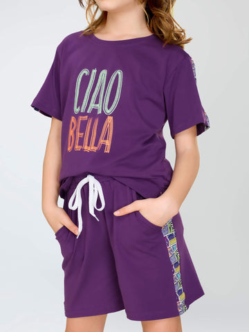 ZEYO Night Suit for Girl's Purple Typography Printed Cotton Night Dress of Top and Short's set