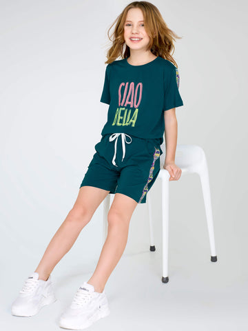 ZEYO Night Suit for Girl's Teal Green Typography Printed Cotton Night Dress of Top and Short's set